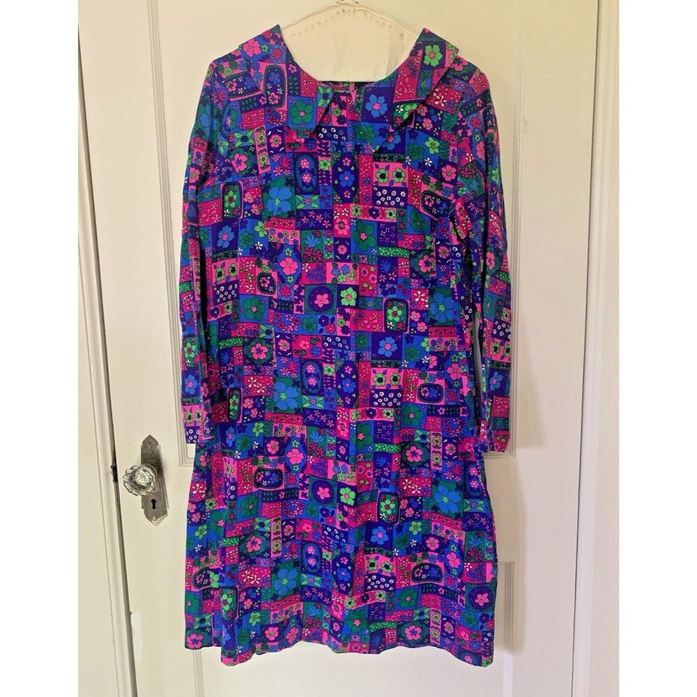 Vintage 70's Handmade Dress Abstract Midi Women's M? Long Sleeve Collared